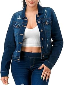 Women's Jean Jacket Juniors Classic & Ripped Distressed Stretch Casual Denim Cropped Tops Jvini