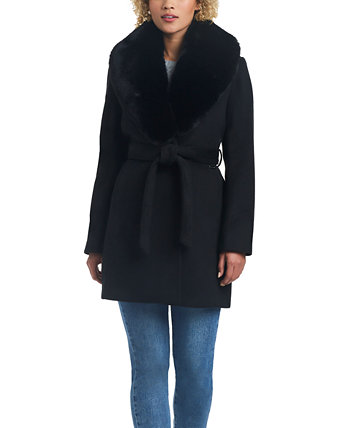 Женское двубортное приталенное пальто с запахом из смесовой шерсти с драпировкой Vince Camuto