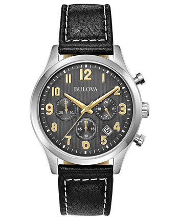 Мужские классические часы с хронографом и черным кожаным ремешком 41 мм Bulova
