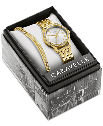 Подарочный набор женских золотых часов с кристаллами и браслетом из нержавеющей стали 32 мм Caravelle
