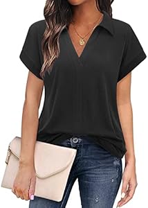 Bulouts Womens Short Sleeve Polo Shirts Collared V Neck Business Casual Tops and Blouses Bulotus