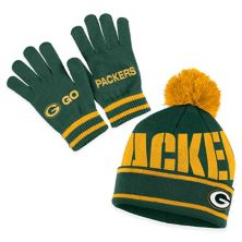 Женская одежда Erin Andrews Green Green Bay Packers Вязаная шапка с двойными жаккардовыми манжетами, комплект с помпоном и перчатками WEAR by Erin Andrews