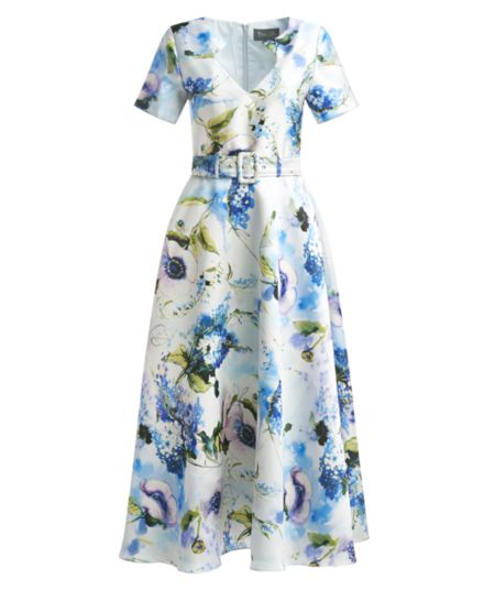 Sylvia Belted Floral Midi-Dress Theia