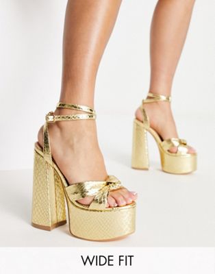 Glamorous Wide Fit platform heel sandals in gold snake Glamorous Wide Fit