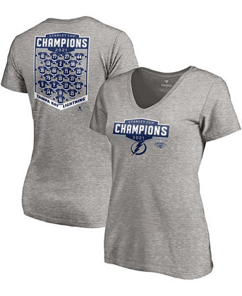 Женская футболка Heather Grey Tampa Bay Lightning 2021 Cup Champions из джерси с V-образным вырезом Fanatics