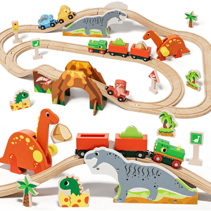 Wooden Train Set for 3 Year Old Boys, Dinosaur Toys Double-Side Train Set Tracks with Bridge & Accessories Fits Brio, Thomas, Melissa and Doug, Kids Birthday Gift Toys for Boy Girls 3 4 5 Years Old Lehoo Castle