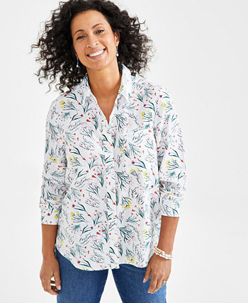 Рубашка на пуговицах из смесового льна Petite с принтом, созданная для Macy's Style & Co