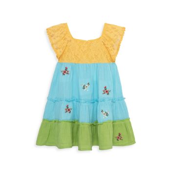Little Girl's &amp; Girl's Floral Embroidery Colorblock Dress PEEK