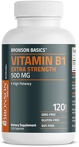 Bronson Vitamin B1 Extra Strength 500 MG High Potency Non-GMO, 60 Capsules Bronson