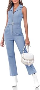 PLNOTME Women's Sleeveless Denim Jumpsuits Zip Up Belted Straight Leg Jeans Long Rompers Plnotme