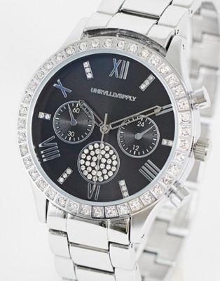 ASOS DESIGN bracelet watch with black face and crystals in silver tone ASOS DESIGN