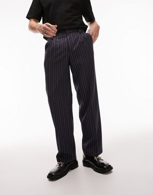 Темно-синие широкие брюки из смесовой шерсти Topman TOPMAN