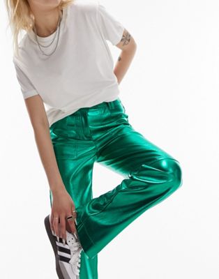 Зеленые кожаные брюки прямого кроя с заниженной талией и металлизированным принтом Topshop Petite Topshop Petite