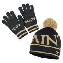 Women's WEAR by Erin Andrews  Black New Orleans Saints Double Jacquard Cuffed Knit Hat with Pom and Gloves Set WEAR by Erin Andrews