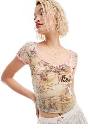 Reclaimed Vintage ruched front cap sleeve tee in Renaissance print Reclaimed Vintage