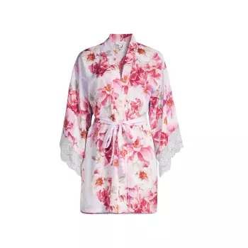 Атласный халат с кружевной отделкой и цветочным принтом Phoebe In Bloom by Jonquil