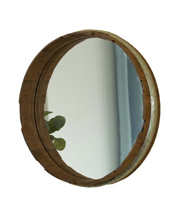 Круглое настенное зеркало в форме винной бочки в деревенском дереве и оцинкованном металле Vintiquewise