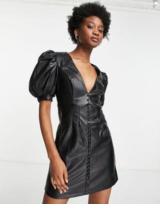 Черное платье из кожзаменителя Bardot с пышными рукавами Bardot