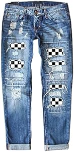 EVALESS Ripped Jeans for Women Plaid Patch Boyfriend Skinny Distressed Denim Jean Pants Evaless