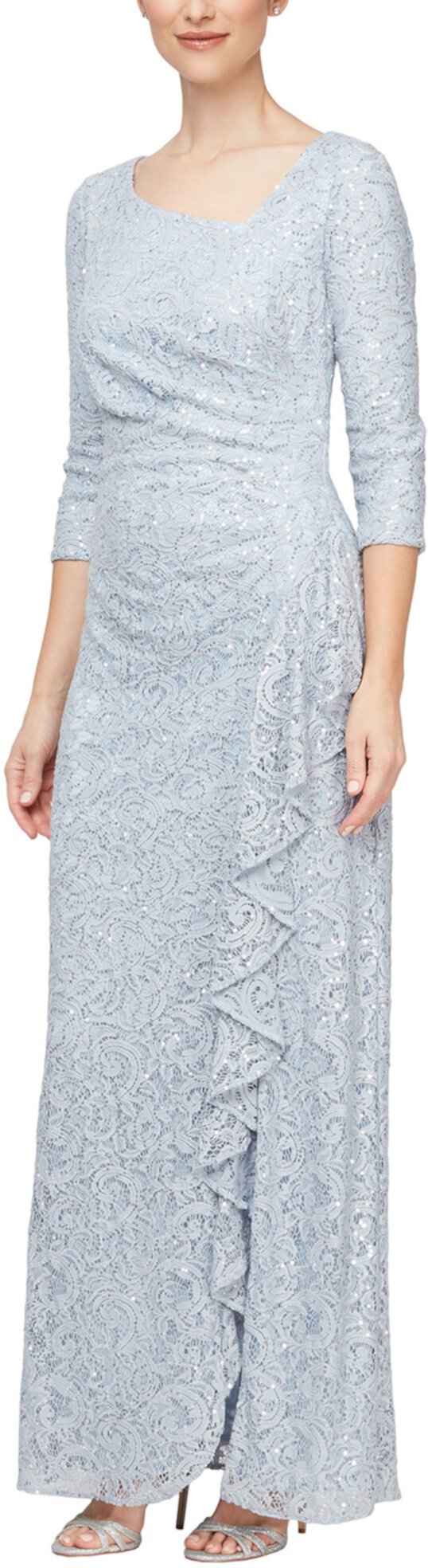 Длинное кружевное платье с пайетками и каскадными оборками с L-образным вырезом Alex Evenings