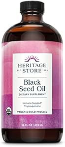 HERITAGE STORE Black Seed Oil, Organic, Cold Pressed Nigella Sativa Supplement with Thymoquinone, Omega 3 6 9, Antioxidant, Immunity, Cholesterol, Digestive, Heart & Join Health Support*, Vegan, 8oz Heritage Store