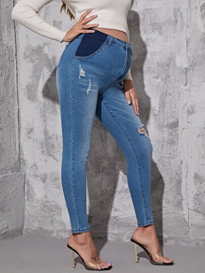 Рваные джинсы-скинни с высокой талией для беременных SHEIN