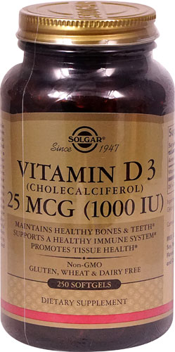 Витамин D3 Холекальциферол - 25 мкг - 250 мягких капсул - Solgar Solgar