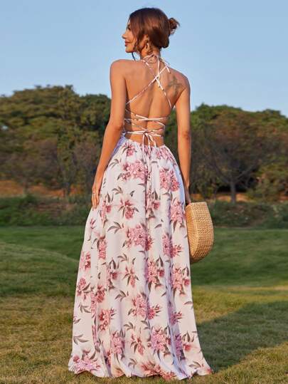 Missord Платье с открытой спиной и шнурком с высоким разрезом с цветочным принтом Missord