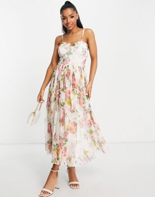 Lace & Beads corset tulle midi dress in soft floral LACE & BEADS