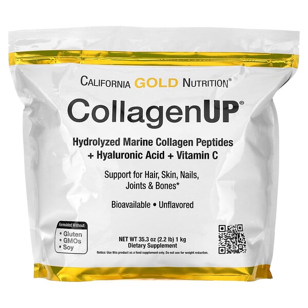 CollagenUP, Hydrolyzed Marine Collagen Peptides with Hyaluronic Acid and Vitamin C, Unflavored, 2.2 lbs (1 kg) California Gold Nutrition