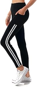 Jvini Women's High Waist Sporty Leggings with Tech Pockets - Striped Sport Yoga Workout Tight Pants Jvini