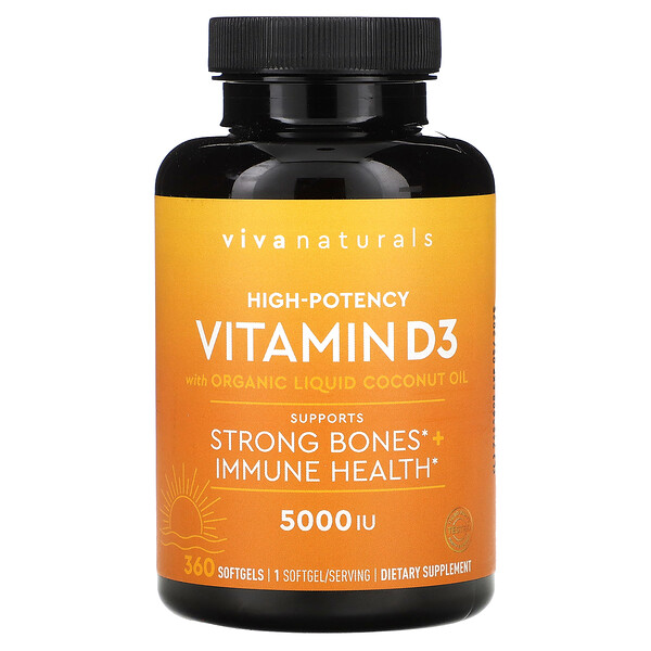 Витамин D3 с органическим кокосовым маслом, высокая потенция, 5000 МЕ, 360 мягких капсул - Viva Naturals Viva Naturals