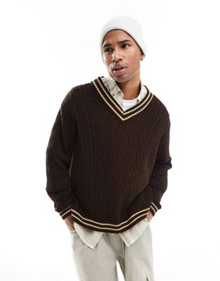 Коричневый свитер объемной вязки косой вязки с бежевыми краями ASOS DESIGN ASOS DESIGN