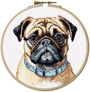 Pug Dog Stamped Cross Stitch Kits for Beginners Easy with Hoop 11CT Needlepoint Embroidery DIY Counted Cross Stitch Kits Art Craft Wall Decoration 35x35cm(4) Generic