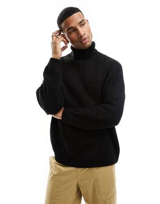 Черный вязаный свитер в рубчик с высоким воротником ASOS DESIGN ASOS DESIGN