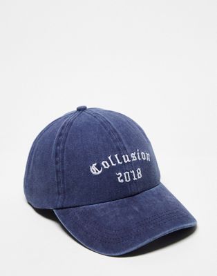 COLLUSION Unisex collegiate branded cap in washed navy Collusion