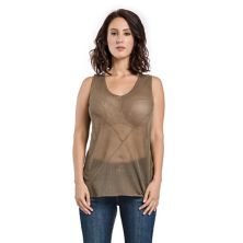 Miss Halladay Womens Olive Mesh Knit Tunic Tank Sweater Scoop Neck Front Cut Line Miss Halladay
