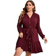 Women's Plus Size Long Sleeve Button Front Belted Shirt Dress V Neck Ruffle Midi Shirt Dress Kojooin