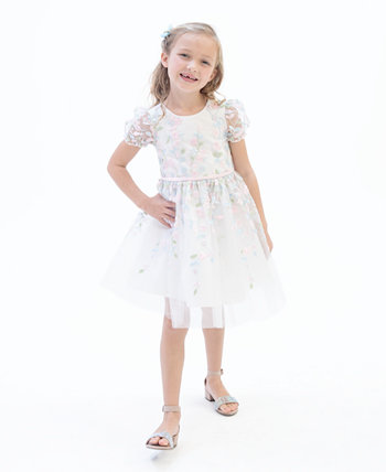 Сетчатое социальное платье с пышными рукавами и цветочной вышивкой для маленьких девочек Rare Editions