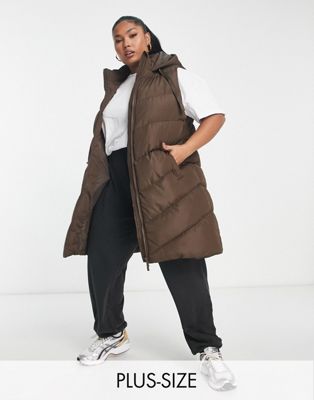 Threadbare Plus Vamp longline padded vest with hood in chocolate brown Threadbare Curve