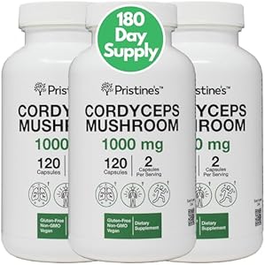 PRISTINE'S Cordyceps Mushroom (3 Pack) 1000 MG - Athletic Performance, Endurance & Immunity Adaptogen Capsule Supplement - 180 Day Supply - Anti Aging Support Antioxidant Pristine'S