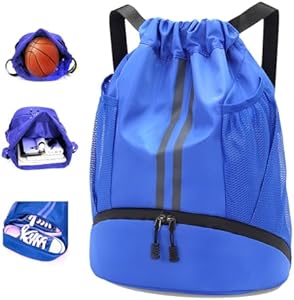 Sports Drawstring Backpack, Waterproof Swim Gym String Bag with Shoe Compartment Anti-thief Zipper Pocket for Men Women,Soccer Basketball Bag for Travel or Fitness (Black) Rudmox