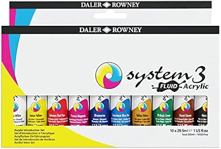 Daler Rowney System3 29.5ml 10-Tube Fluid Acrylic Paint Set - Acrylic Pouring Paint Supplies for Artists and Students - Vivid High-Flow Artist Paint Set for Canvas Murals and More Daler Rowney