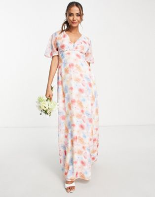 Blume Bridal wrap front chiffon maxi dress with flutter sleeves in multi floral  Blume Bridal