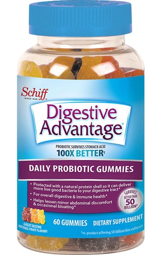 Schiff Digestive Advantage Gummies Ежедневный пробиотик для здоровья кишечника Натуральные фрукты -- 60 жевательных конфет Schiff