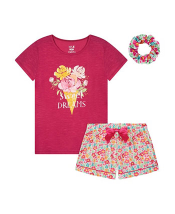Little Girls T-shirt and Shorts with Scrunchie Pajama Set, 3 Piece Sleep On It