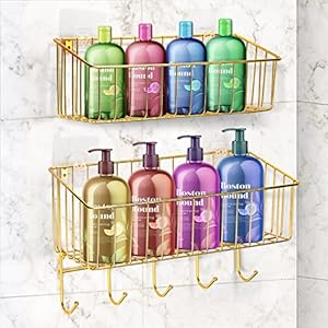 Shower Caddy Bathroom Organizer,2-Pack Adhesive Shower Organizer with 5 Hooks,No Drilling Rustproof Stainless Steel Wall Mount Shower Shelves for Inside Shower & Kitchen Bathroom Storage Jllom