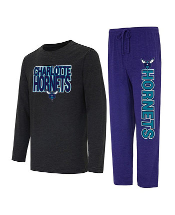 Мужской комплект для сна с фиолетовой и черной рваной футболкой с длинными рукавами и брюками Charlotte Hornets Meter Concepts Sport