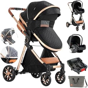 3 in 1 Baby Stroller Travel System Combo Set, Reversible Infant Stroller with One-Click Folding, Convertible Newborn Toddler Pram Carriage with Aluminum Frame (UDV9-BLACKGOLD with Base) Aveainelle