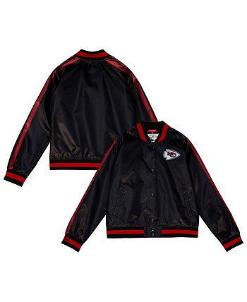 Женская черная атласная куртка на кнопках Kansas City Chiefs с эффектом потертости реглан Mitchell & Ness